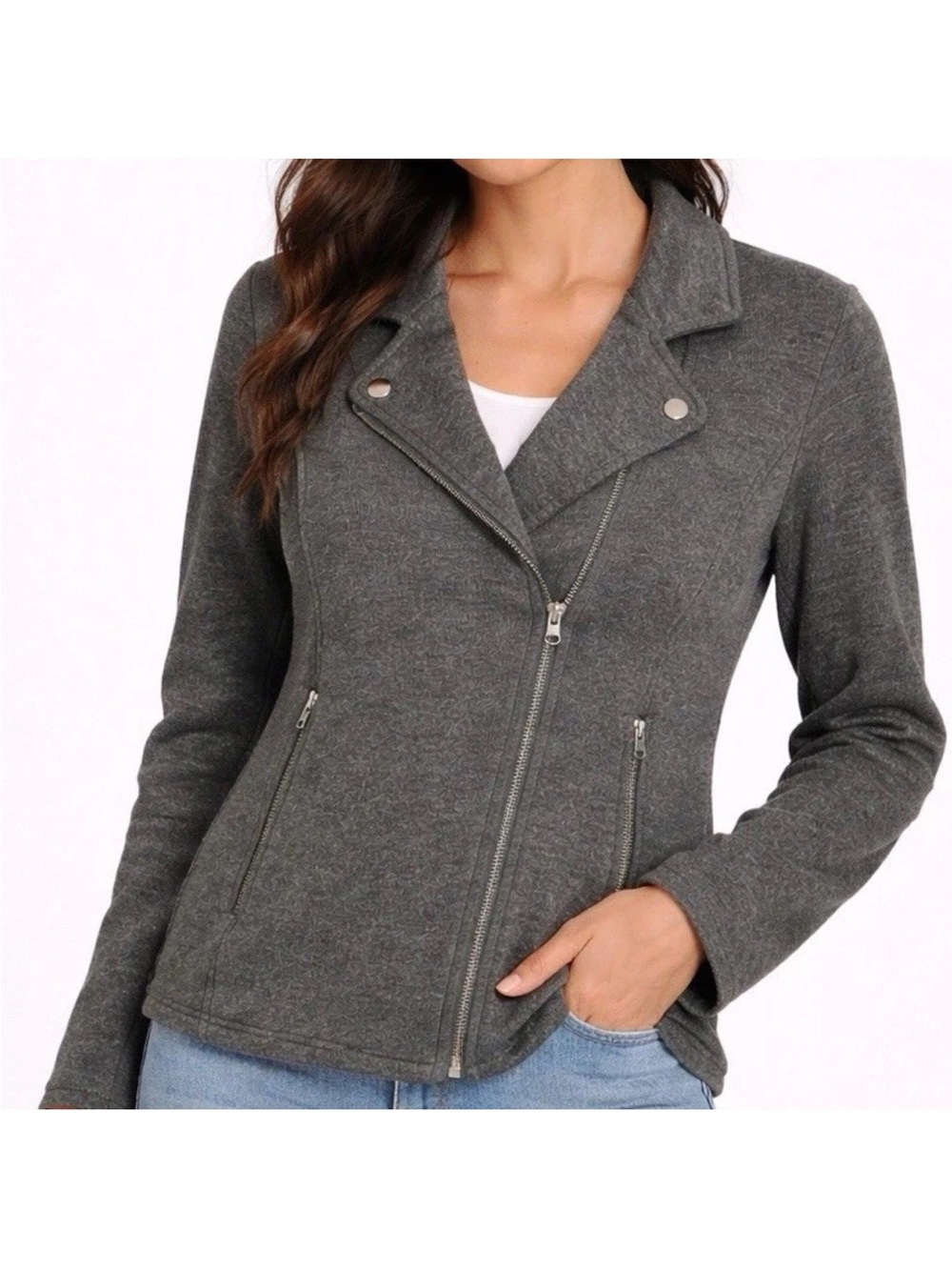 Adrienne Vittadini Merino Wool Blend Moto Jacket Gray Asymmetrical Zip S
